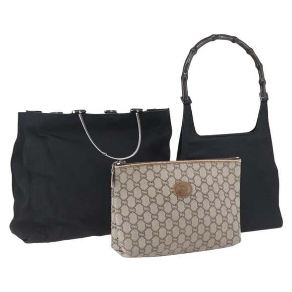 Gucci Handbags - GUCCI GG Supreme Bamboo Shoulder Bag PVC Nylon 3 Set Beige Black Auth ka378